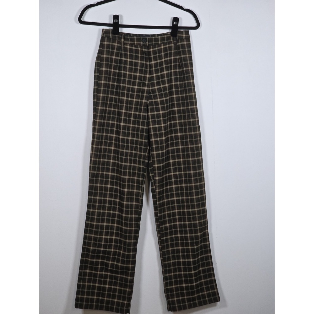 Brandy Melville Womens Small Amelia Plaid Ankle Pants Dark Green Brown Check Cas